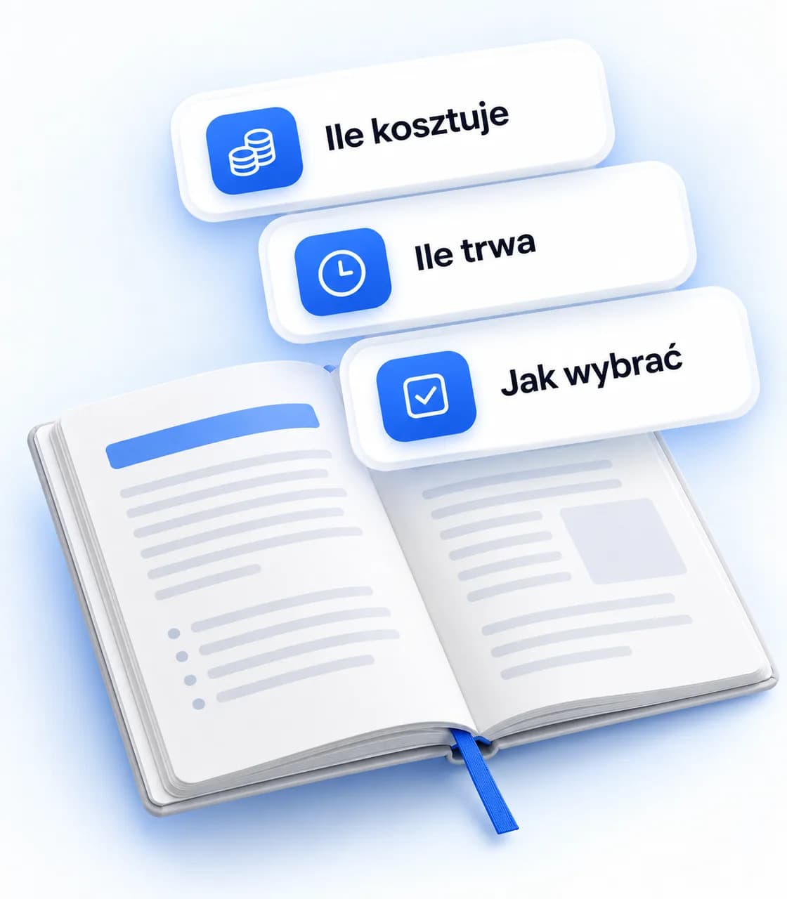 Otwarty biały notes z zakładką i trzy karty tematów: ile kosztuje, ile trwa, jak wybrać