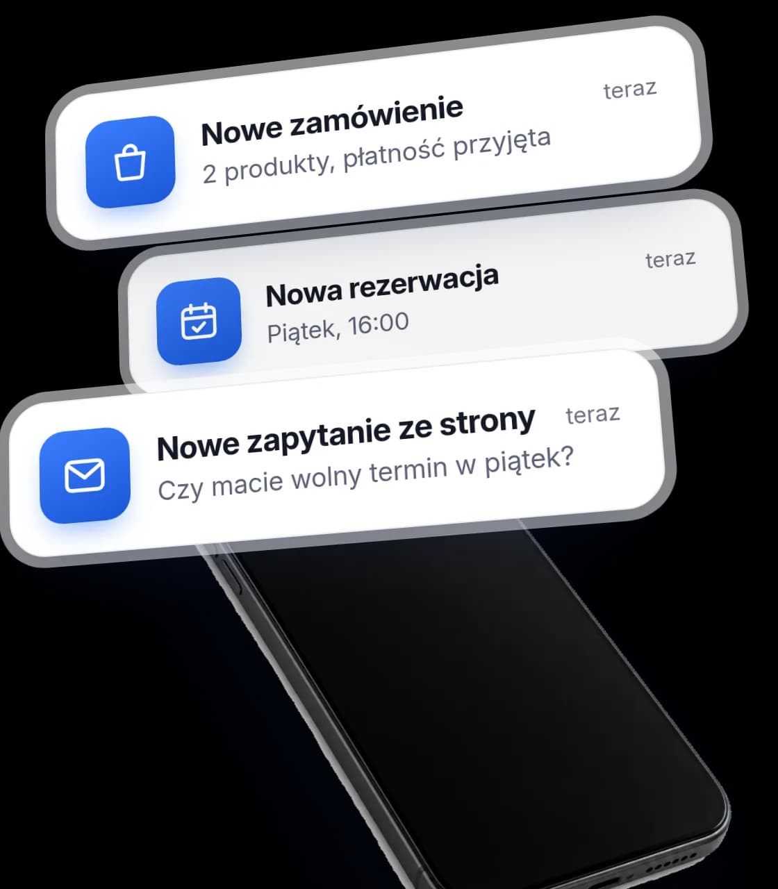 Telefon z trzema powiadomieniami: nowe zamówienie, nowa rezerwacja i nowe zapytanie ze strony