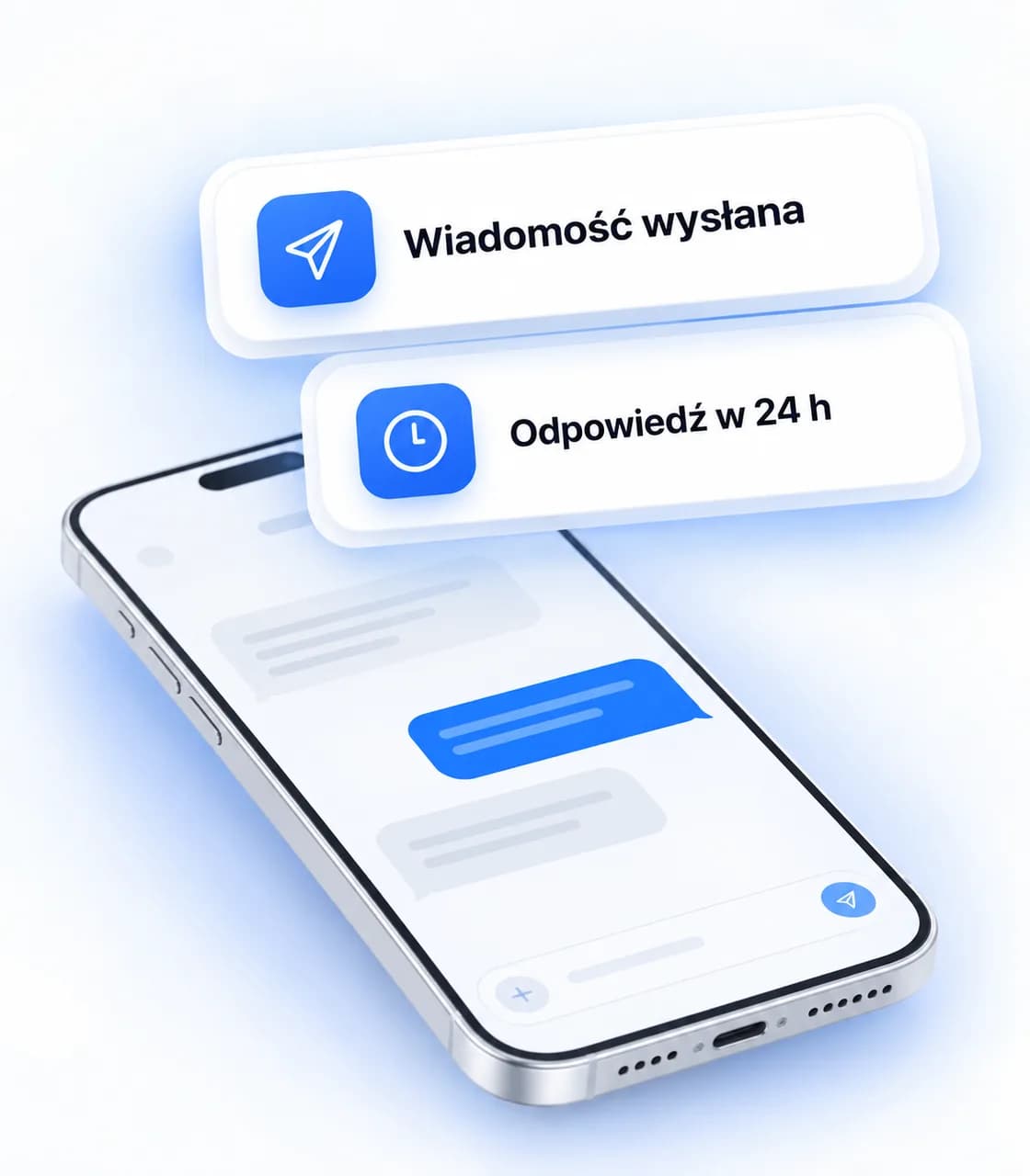 Telefon z rozmową, nad nim dwie karty: wiadomość wysłana i odpowiedź w 24 h