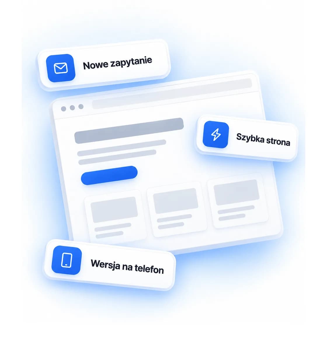 Okno przeglądarki ze szkicem strony firmy, a przy nim karty: nowe zapytanie, szybka strona, wersja na telefon