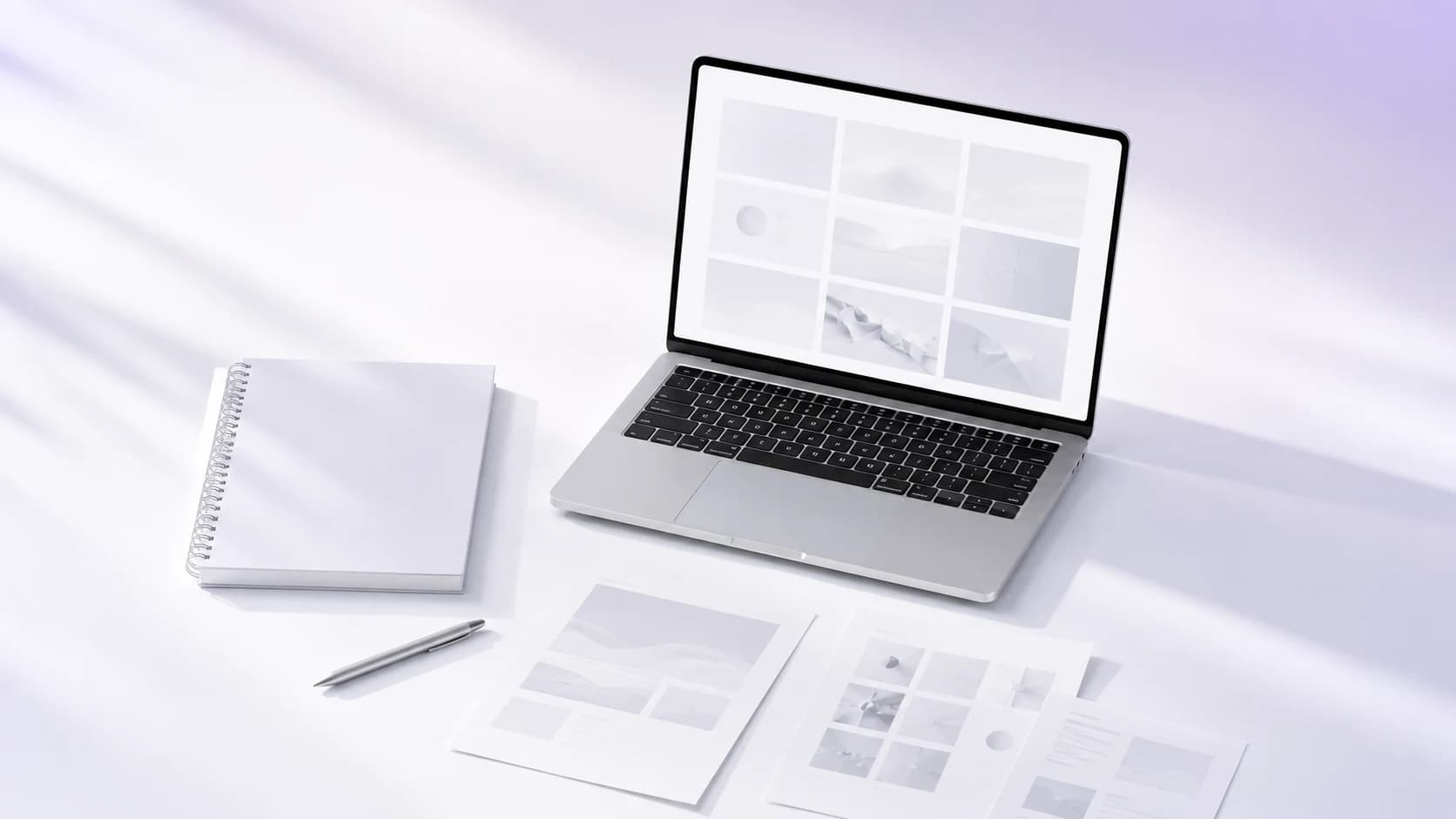 Biurko z laptopem pokazującym siatkę portfolio, notesem, długopisem i wydrukami projektów
