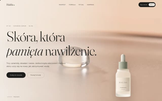 Strona główna prezentacji Halda: pierwszy ekran z kroplą serum na ciemnym tle i nazwą marki