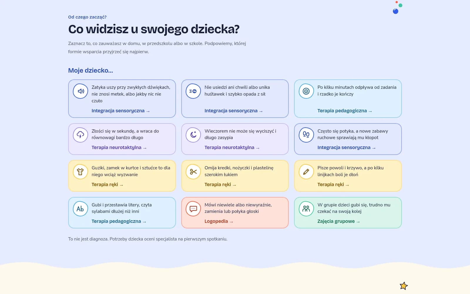 Prezentacja Huśtawka: sekcja „Co widzisz u swojego dziecka?” z dwunastoma kolorowymi kafelkami, każdy prowadzi do jednej terapii