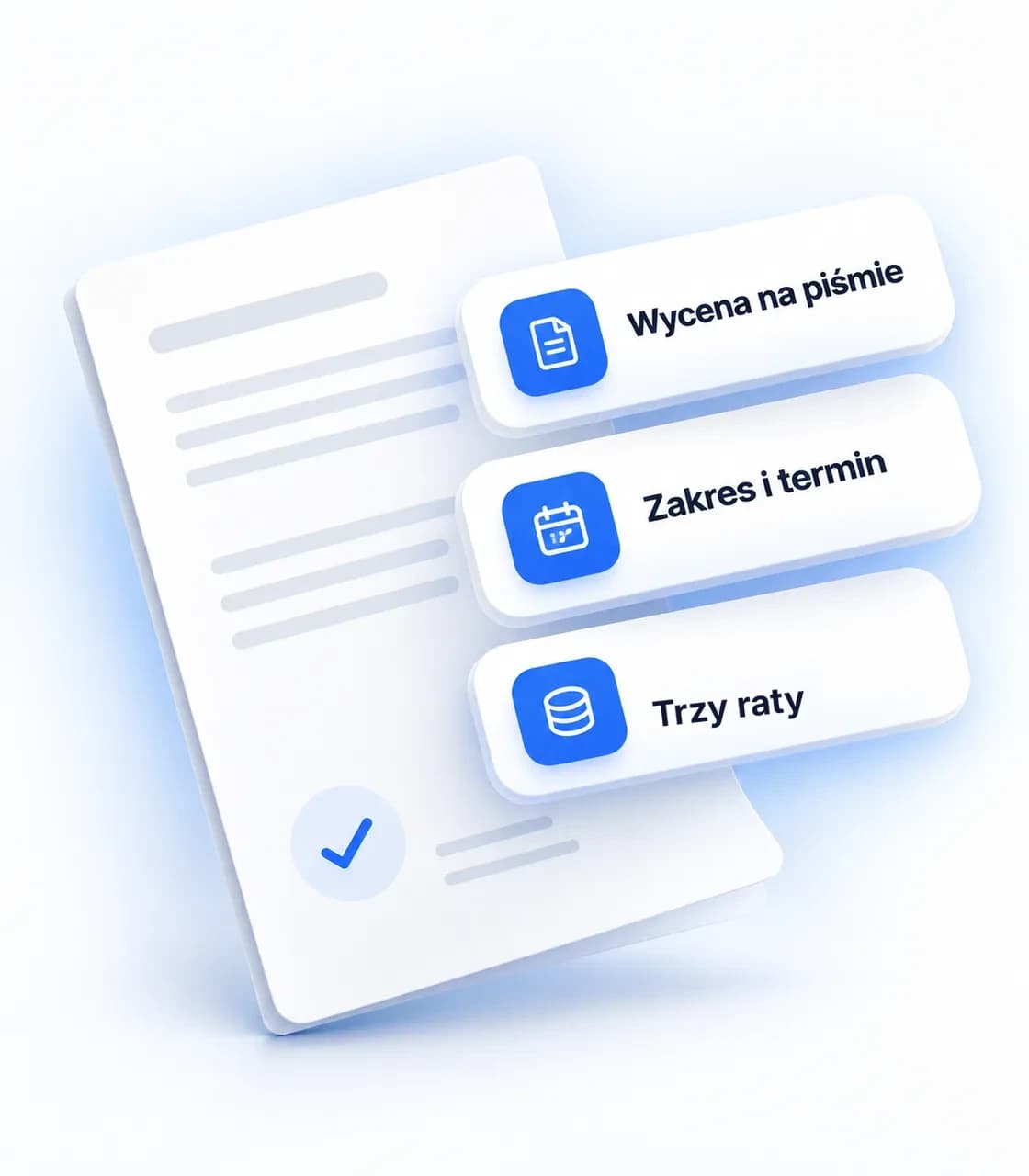 Wycena na kartce i trzy białe karty: wycena na piśmie, zakres i termin, trzy raty