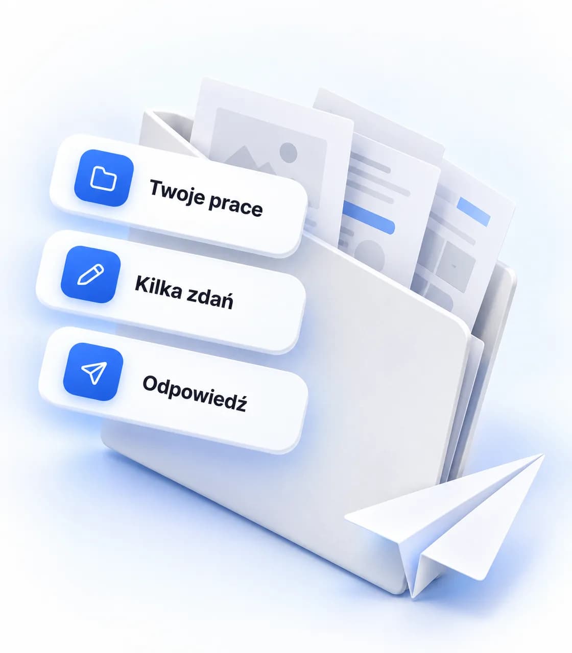 Biała teczka z projektami stron, papierowy samolot i trzy karty: Twoje prace, kilka zdań, odpowiedź