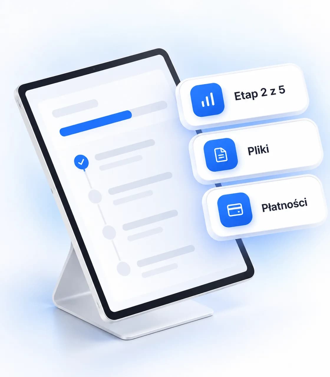 Tablet z panelem projektu i trzy karty: etap 2 z 5, pliki i płatności