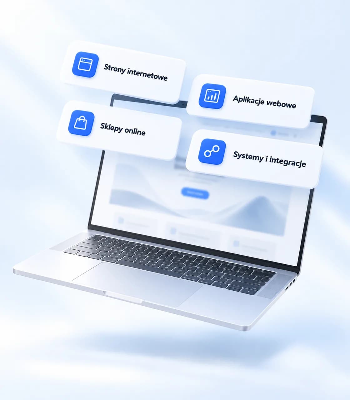 Laptop, a nad nim cztery karty usług: strony internetowe, aplikacje webowe, sklepy online, systemy i integracje