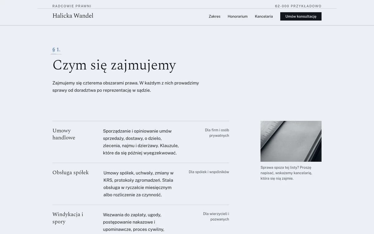 Podstrona zakresu spraw konceptu Halicka Wandel na szerokim ekranie