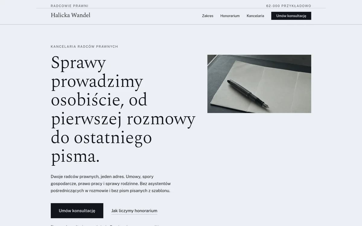 Strona główna kancelarii radcowskiej Halicka Wandel na szerokim ekranie