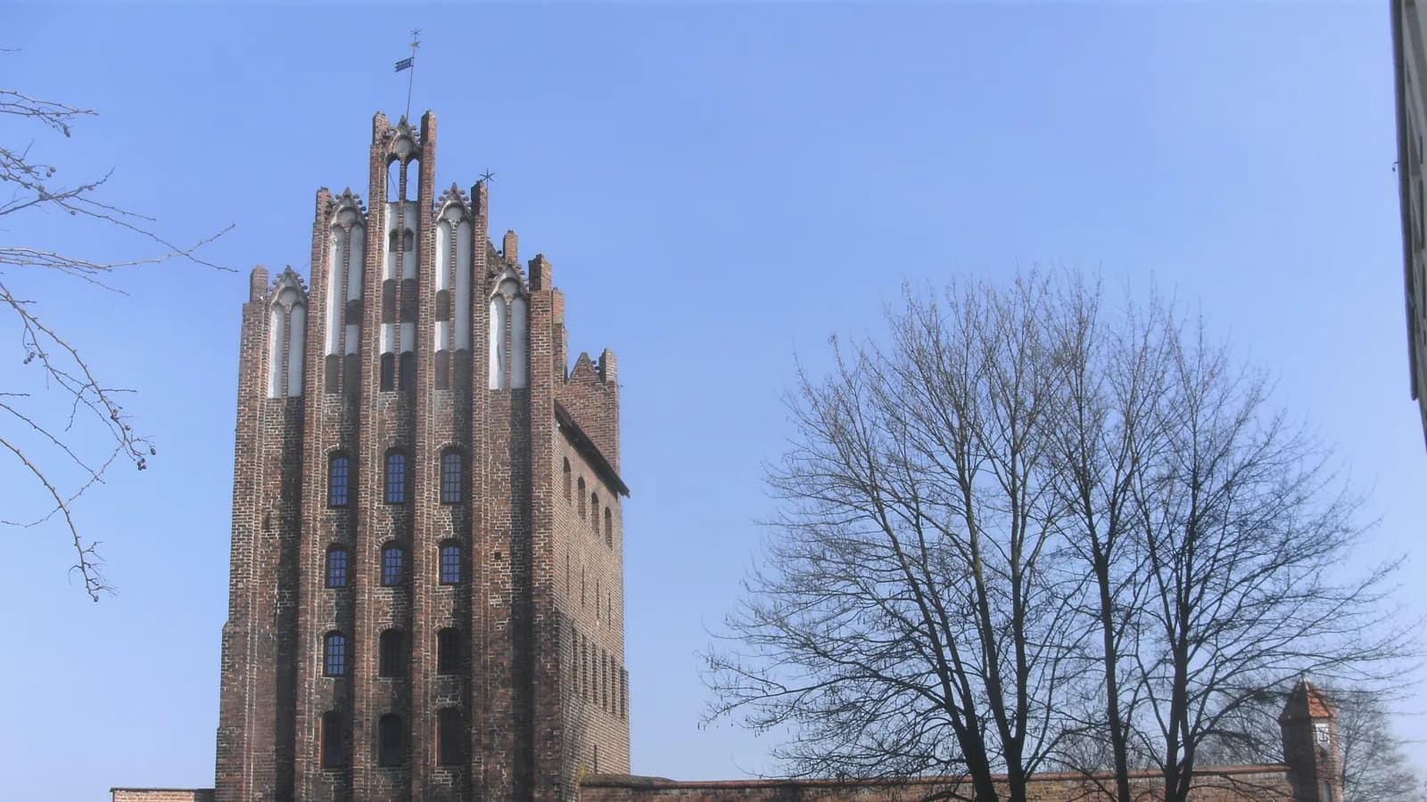 Gotycka Brama Wolińska w Goleniowie z fragmentem murów miejskich pod błękitnym niebem, obok bezlistne drzewa