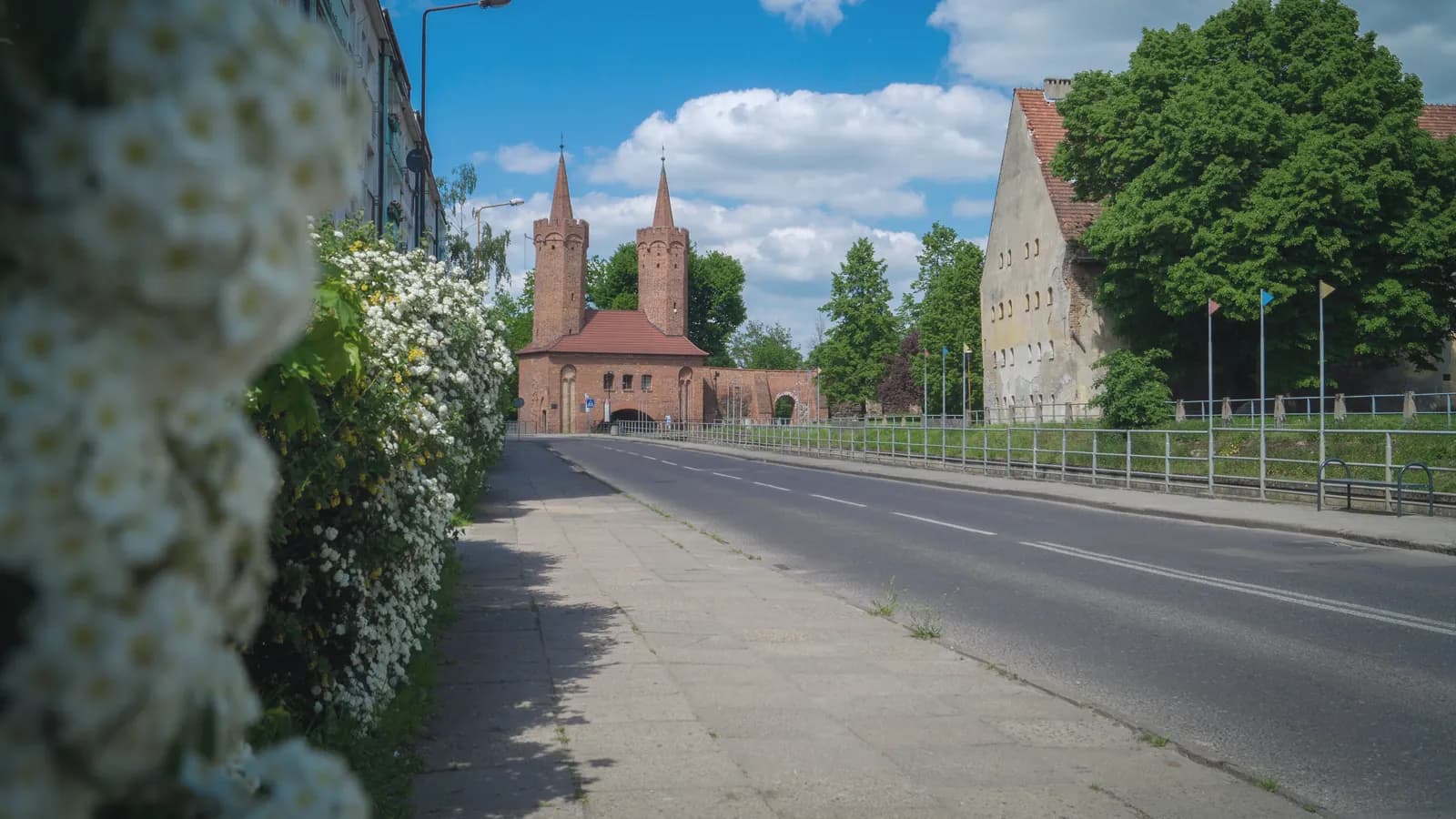 Brama Młyńska w Stargardzie z dwiema wieżami nad Iną, widziana z ulicy wiosną, obok kwitnące krzewy i błękitne niebo