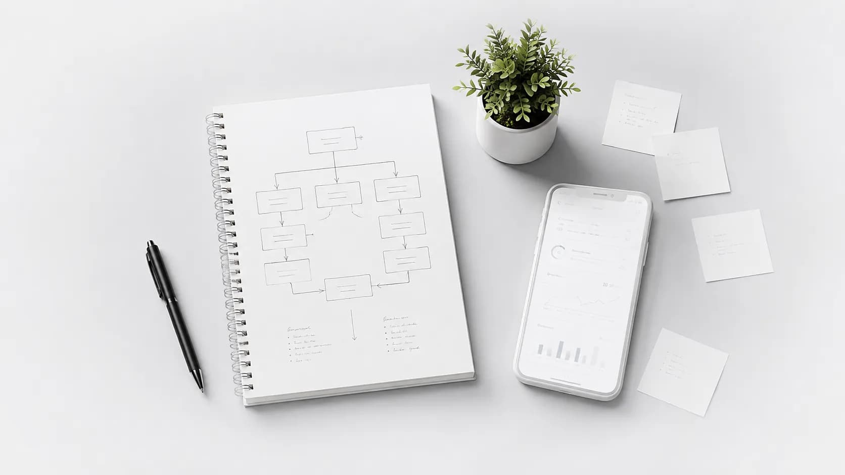 Notes z rozrysowanym procesem projektu, telefon i karteczki robocze