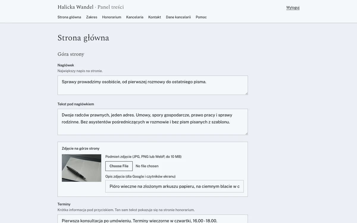 Panel treści pakietu Starter: formularz edycji strony głównej z nagłówkiem, zdjęciem i listą obszarów